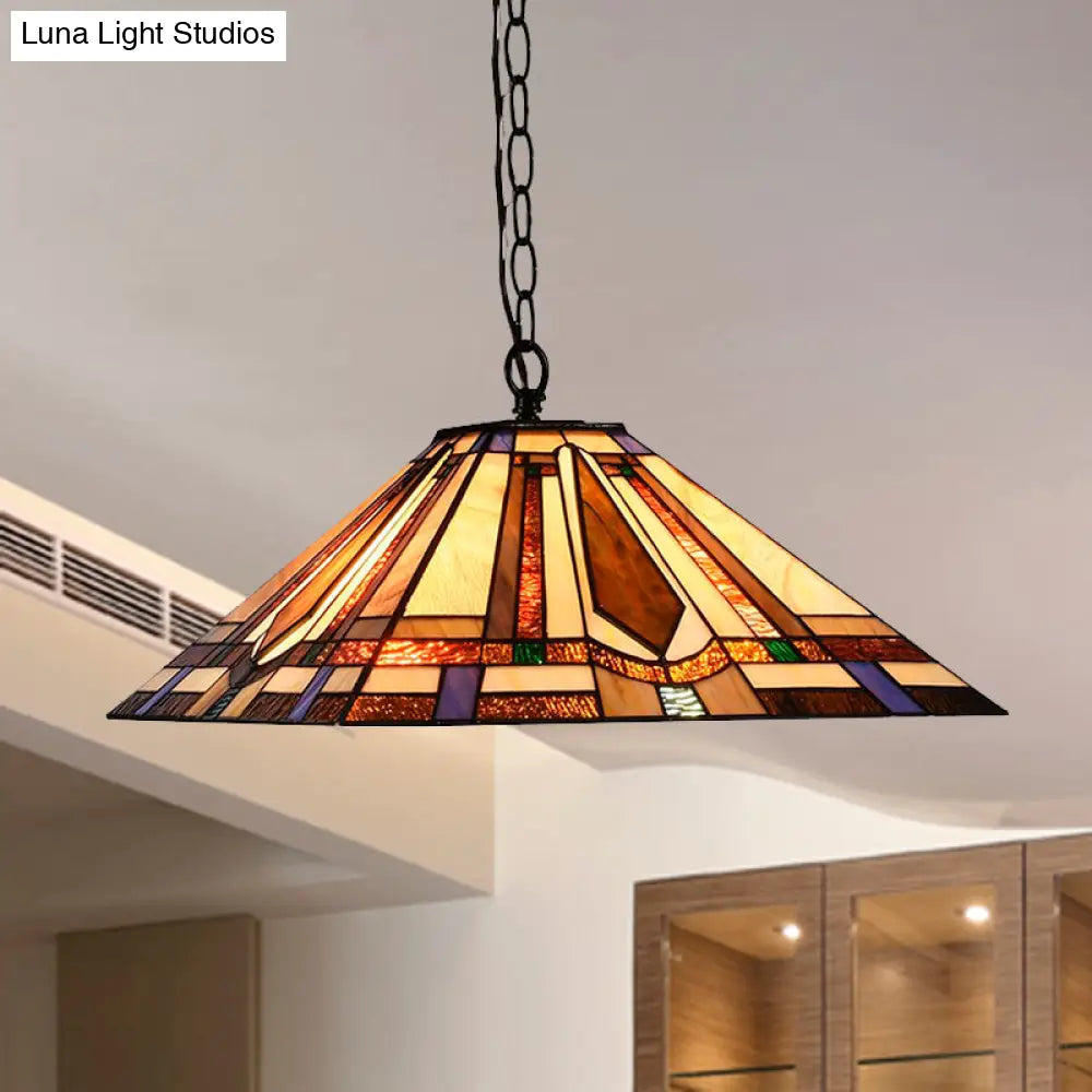 Tiffany Rhombus/Shell Ceiling Lamp - Brown Stained Art Glass Pendant Light For Dining Room
