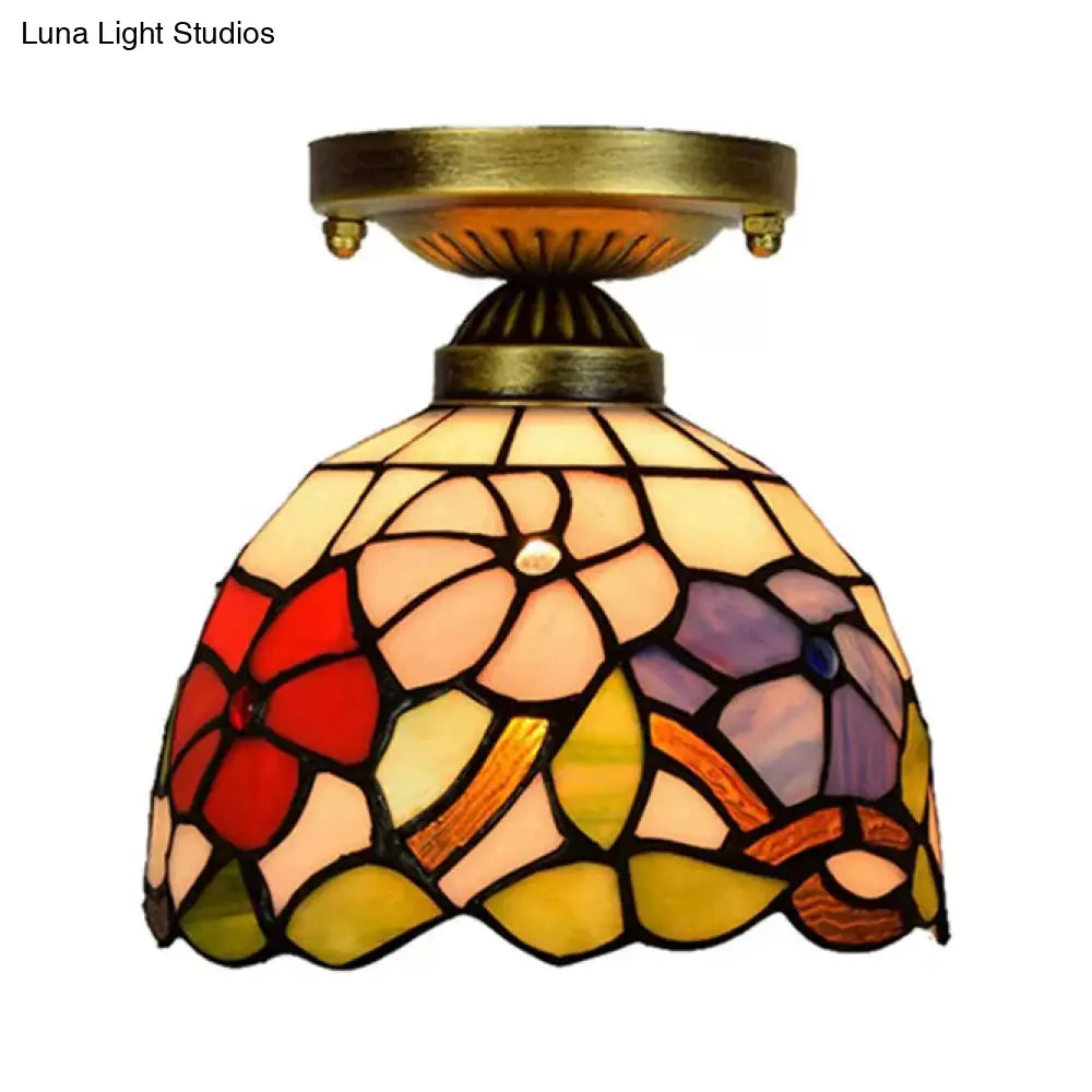 Tiffany Stained Glass Bedroom Ceiling Light: Antique Brass Semi-Flush Mount With Floral Shade