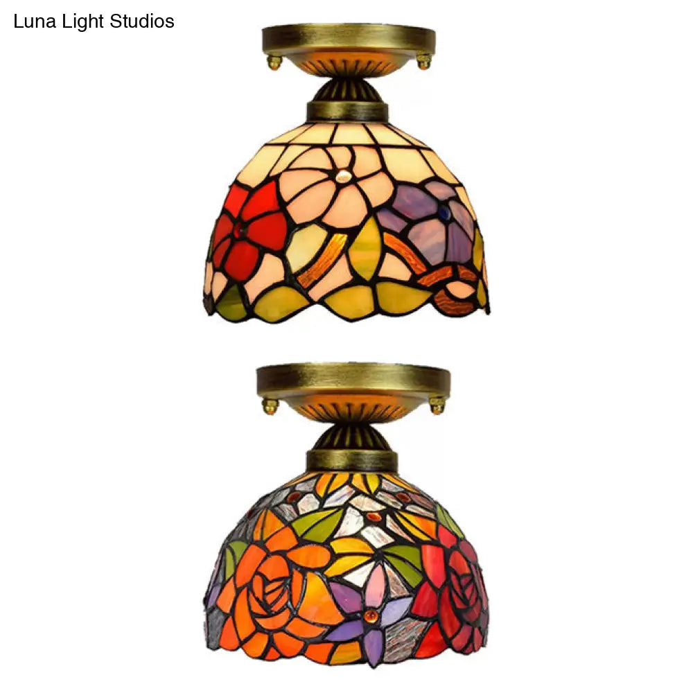 Tiffany Stained Glass Bedroom Ceiling Light: Antique Brass Semi-Flush Mount With Floral Shade