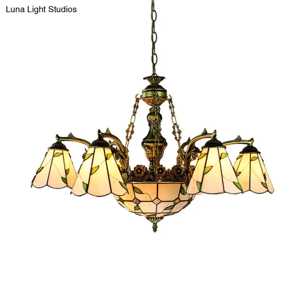 Tiffany Stained Glass Chandelier - 9/11 Lights Beige With Leaf Pattern