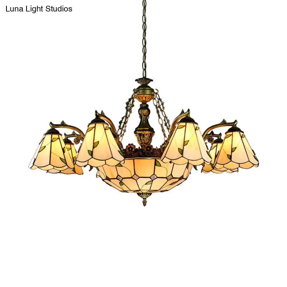 Tiffany Stained Glass Chandelier - 9/11 Lights Beige With Leaf Pattern