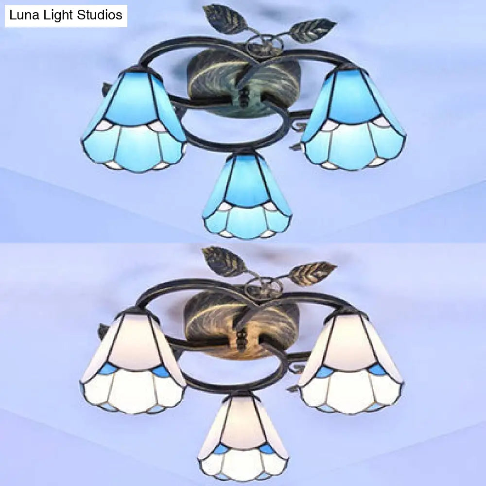 Tiffany Stained Glass Geometric Ceiling Light - Bronze Flushmount With 3 Lights
