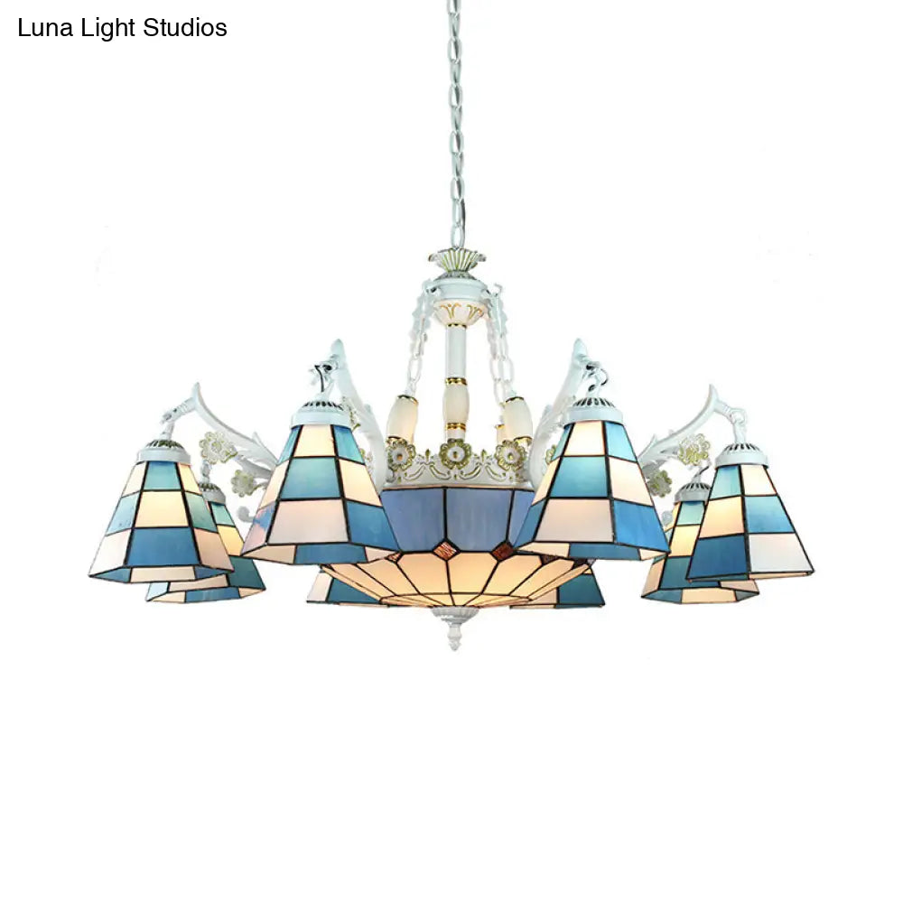 Tiffany Stained Glass Hanging Chandelier - 11 Light Pendant Ceiling With Flower/Square/Diamond/Gem