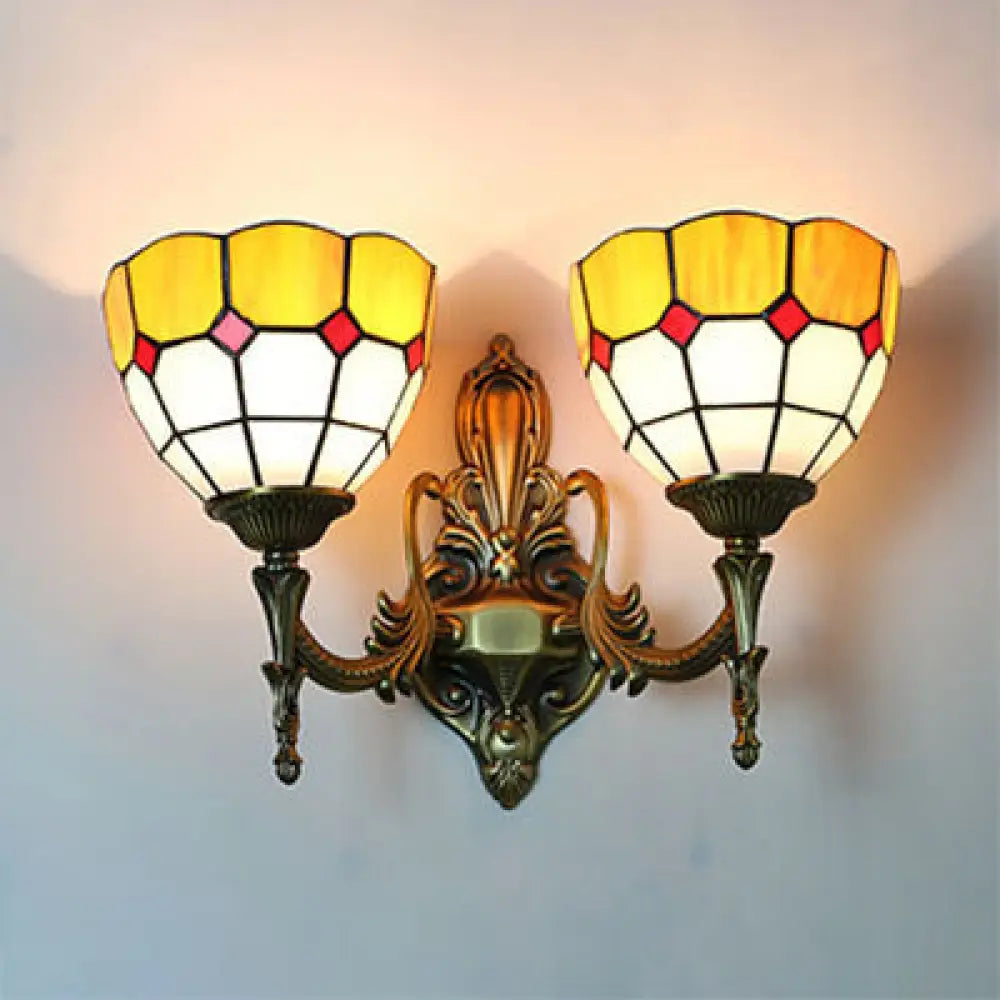 Tiffany Stained Glass Sconce Lighting With Dual Head Bowl Design For Bedroom Wall Mount In