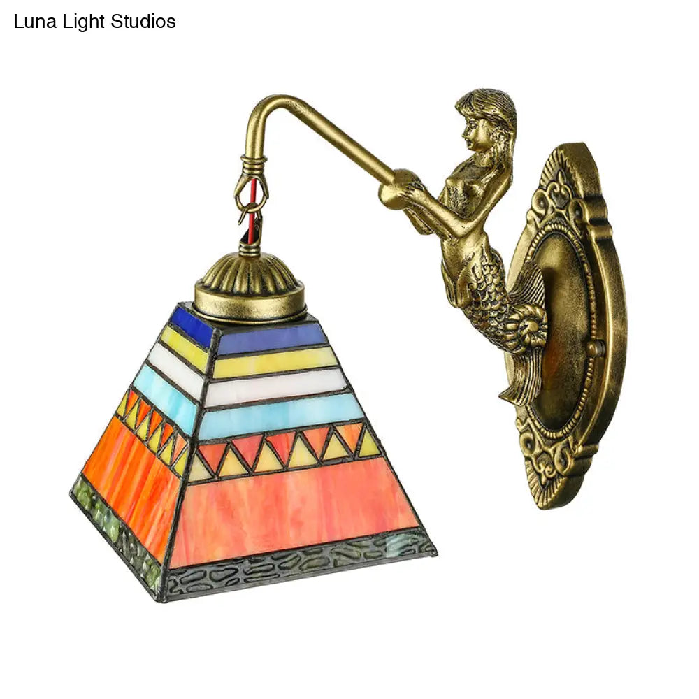 Tiffany Stained Glass Wall Sconce With Orange Pyramid Design