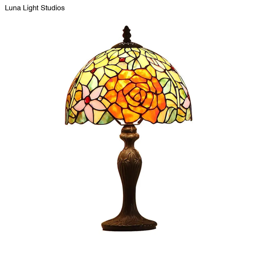 Tiffany-Style Art Glass Dome Night Lamp - Dark Brown Handcrafted With Bloom Pattern
