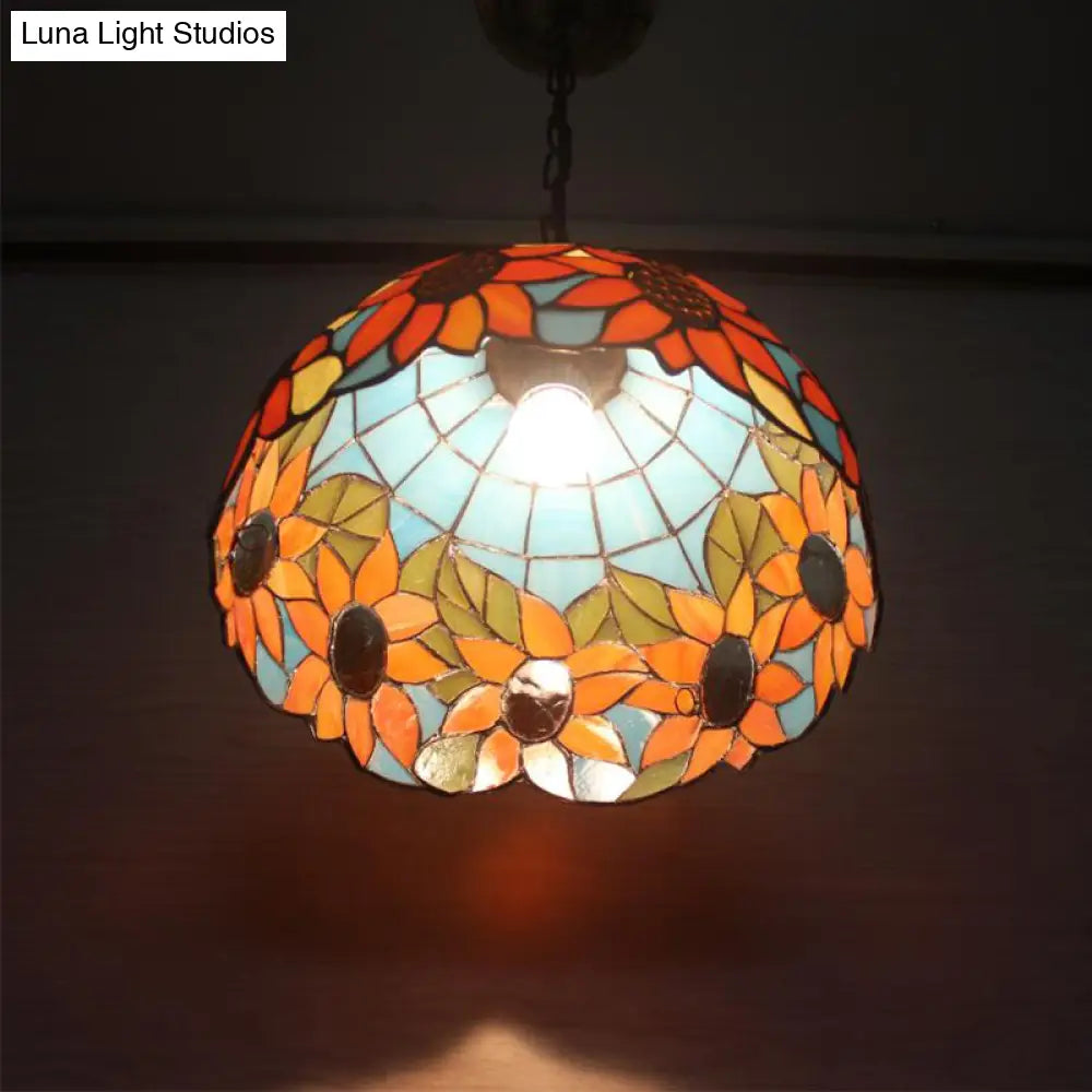 Tiffany-Style Black Hand Cut Glass Pendant Ceiling Light With Sunflower Pattern – 12’/16’