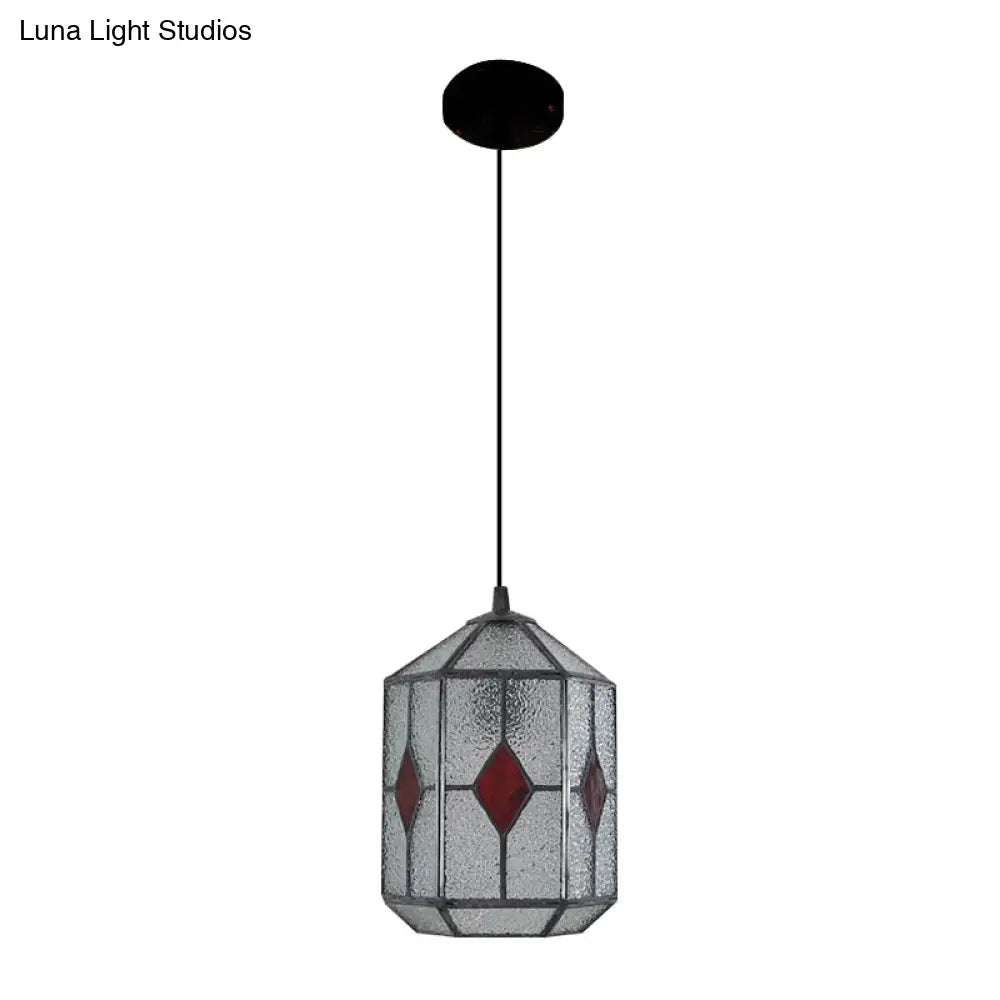 Tiffany Style Cylinder Hanging Light With Rhombus/Leaf Pattern - 1 Red/Green Down On Stainless Glass