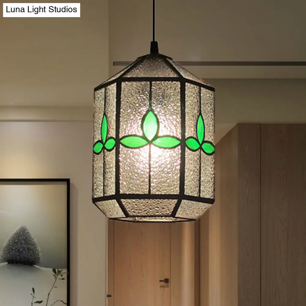 Tiffany Style Cylinder Hanging Light With Rhombus/Leaf Pattern - 1 Red/Green Down On Stainless Glass