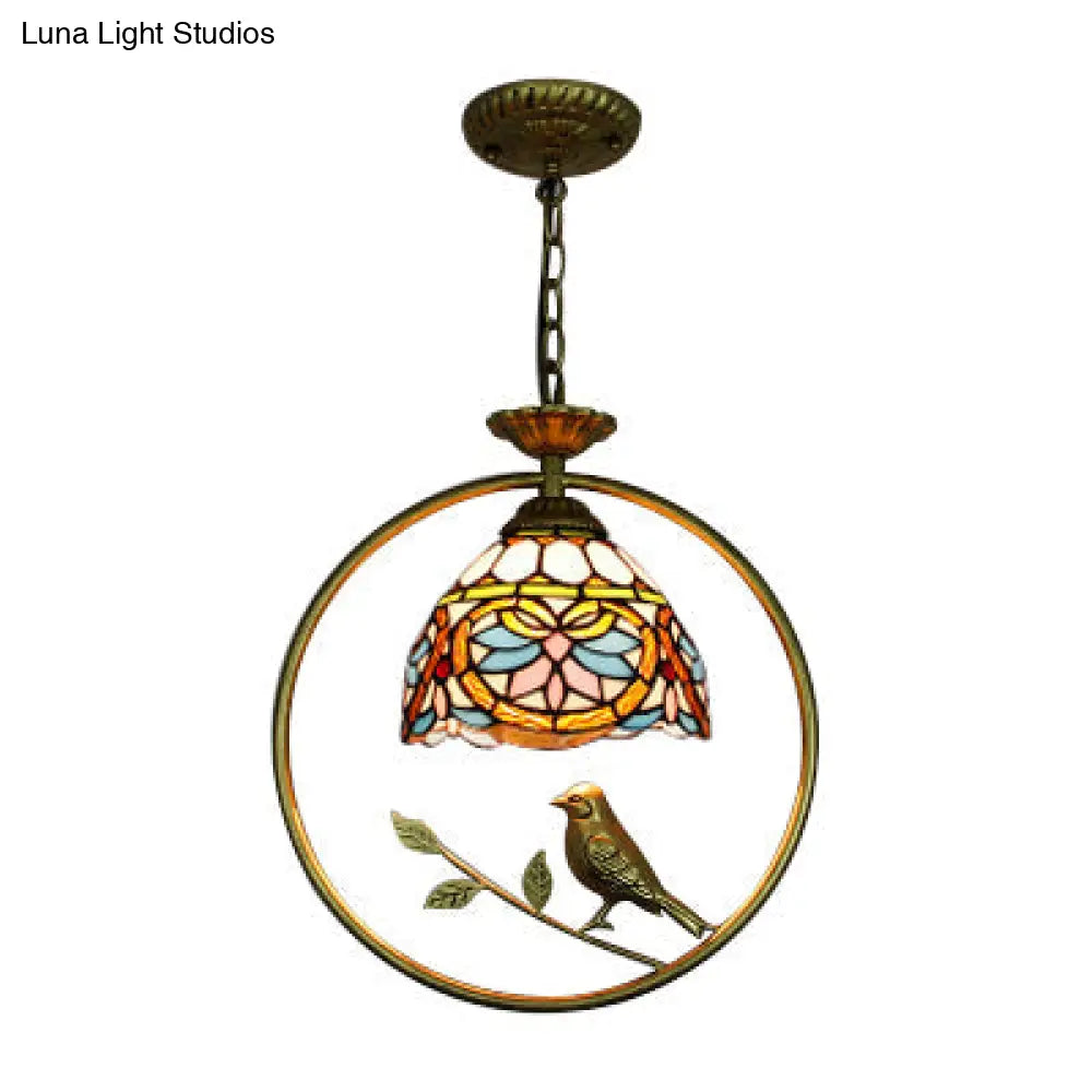 Tiffany Style Dome Suspension Lamp - Elegant Stainless Glass Pendant Lighting With Bird Accent