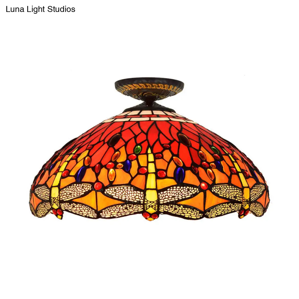 Tiffany-Style Dragonfly Cut Glass Ceiling Lamp - Brass Flush Mount Light Fixture 16’/18’ Width