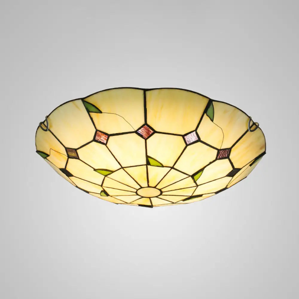 Tiffany Style Glass Bowl Led Ceiling Light - Handcrafted Beige Flush Mount For Hallway / 12