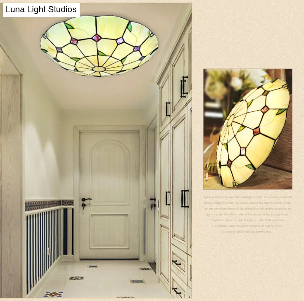 Tiffany Style Glass Bowl Led Ceiling Light - Handcrafted Beige Flush Mount For Hallway