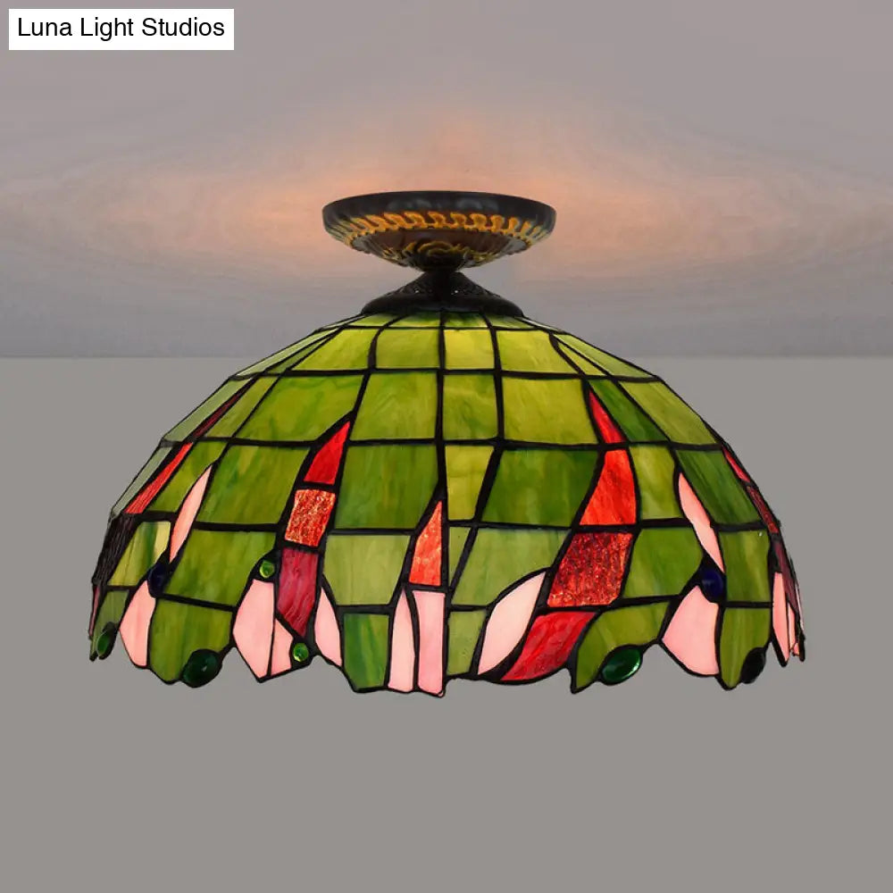 Tiffany-Style Hand Cut Glass Brass Flush Mount Ceiling Light With Single Bulb