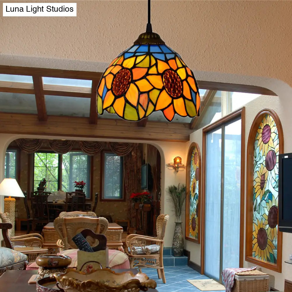 Tiffany-Style Hand Cut Glass Pendant Ceiling Light - Green/Orange Flare Design Ideal For Living Room
