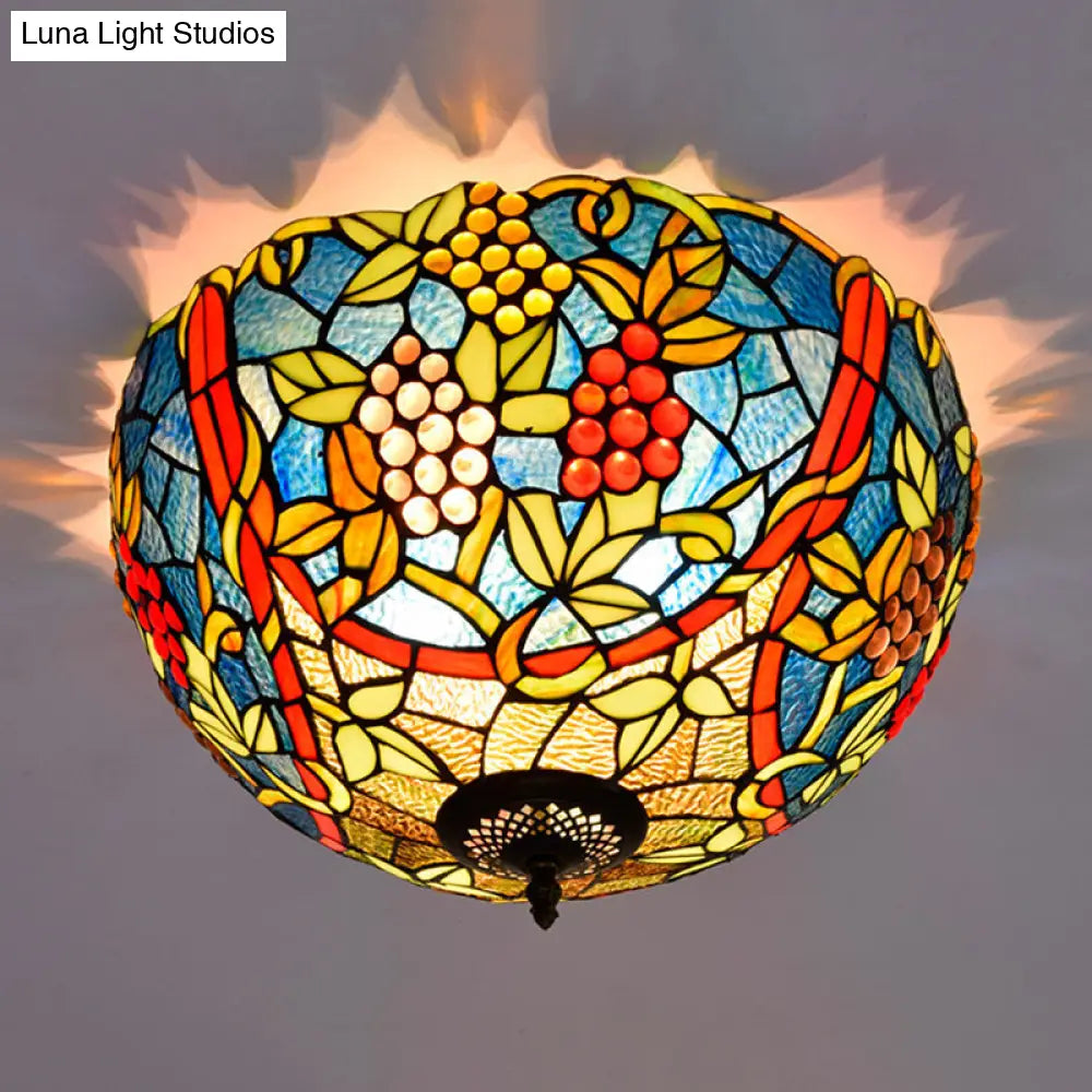 Tiffany-Style Leafy Ceiling Flush Mount Light Fixture - 2/5 Heads Bronze 12’/16.5’ Width