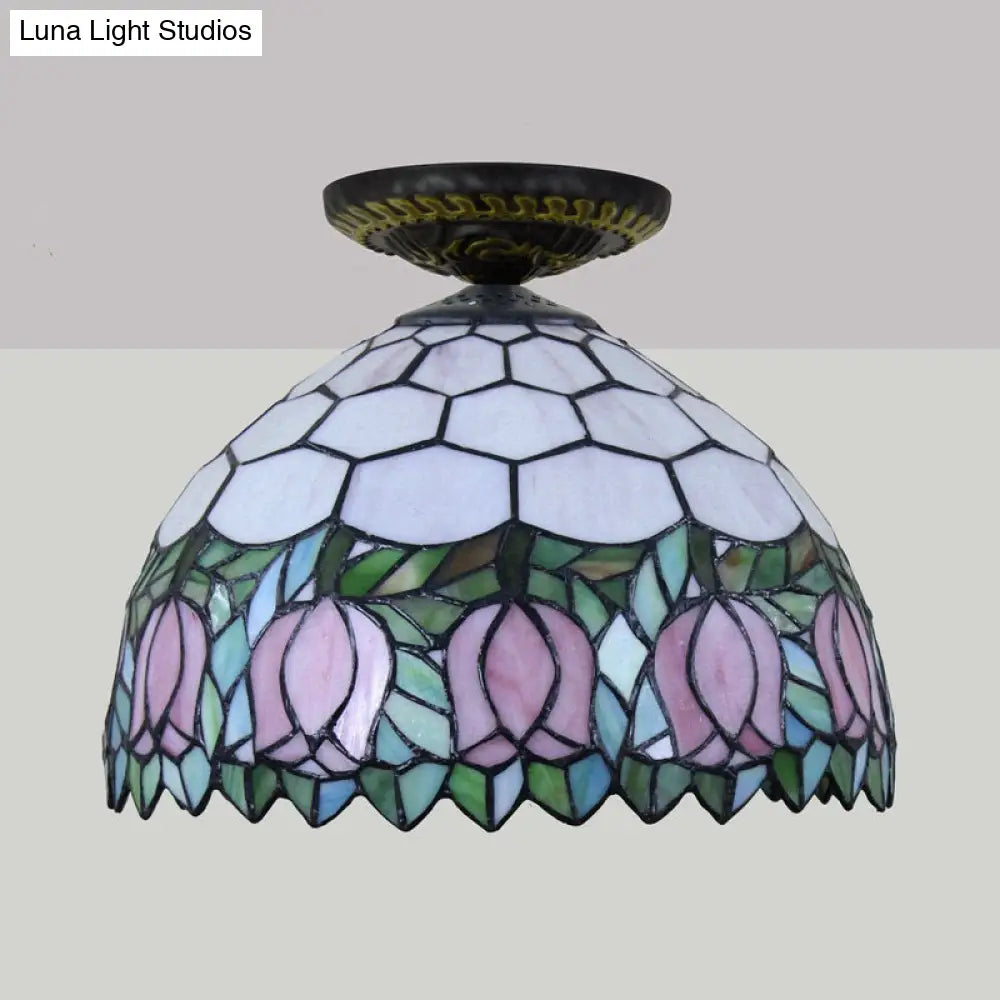 Tiffany-Style Stained Glass Floral Ceiling Fixture: Bronze Flush Mount With Single Bulb