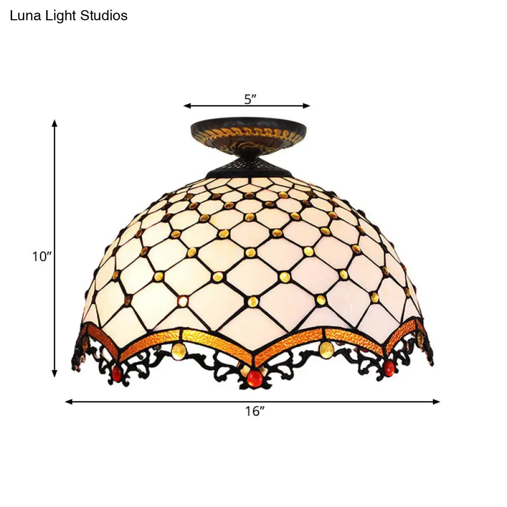 Tiffany-Style Stained Glass Jeweled Ceiling Light In Bronze Flush Mount Multiple Sizes Available