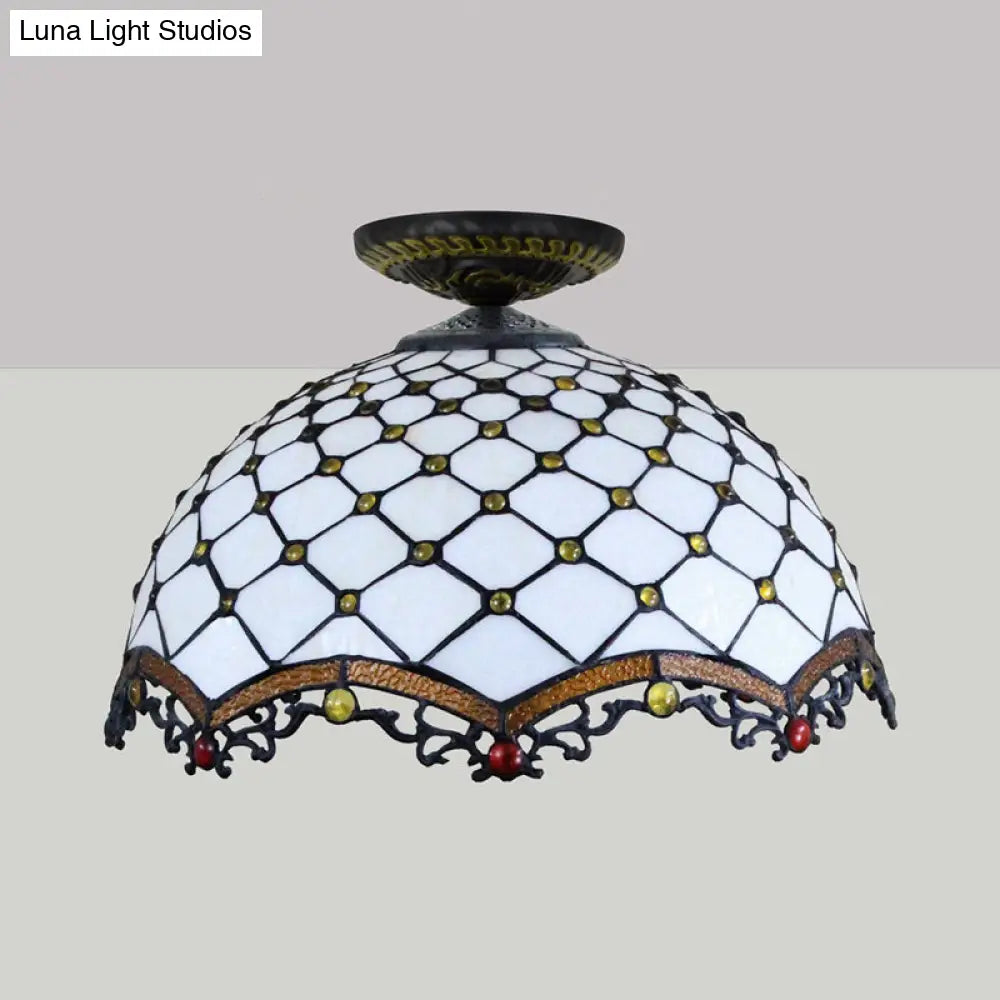 Tiffany-Style Stained Glass Jeweled Ceiling Light In Bronze Flush Mount Multiple Sizes Available