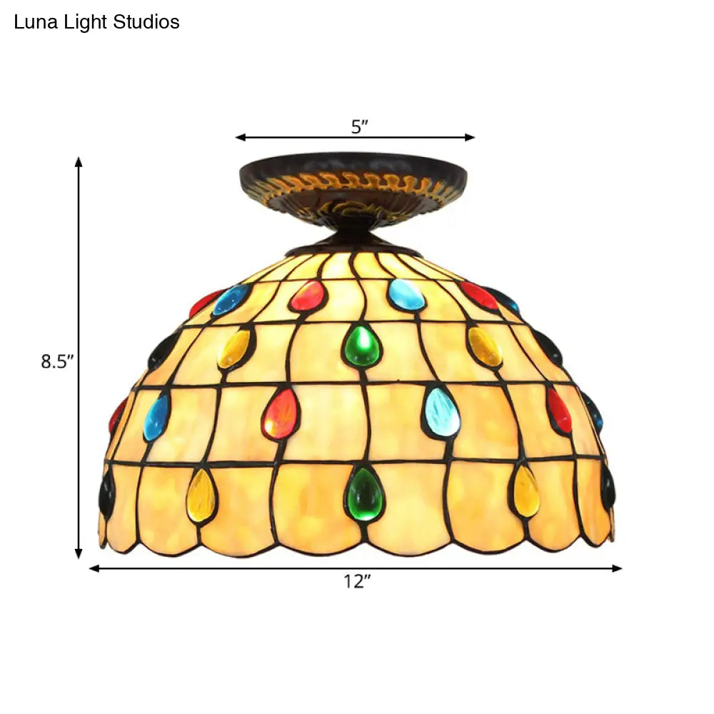 Tiffany-Style Stained Glass Jeweled Ceiling Light In Bronze Flush Mount Multiple Sizes Available