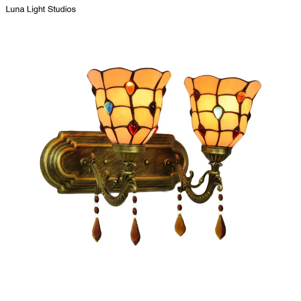Tiffany Vintage Art Glass Bowl Wall Lamp With Agate Accent - 2-Bulb In Beige/Brown/Blue Shades For