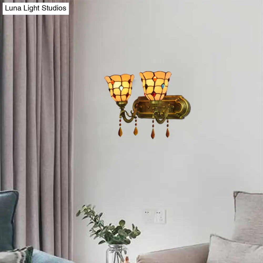 Tiffany Vintage Art Glass Bowl Wall Lamp With Agate Accent - 2-Bulb In Beige/Brown/Blue Shades For