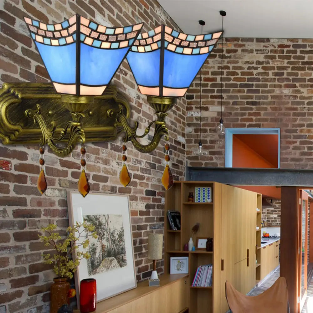 Tiffany Vintage Art Glass Bowl Wall Lamp With Agate Accent - 2-Bulb In Beige/Brown/Blue Shades For