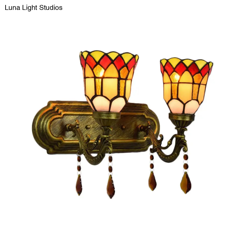 Tiffany Vintage Art Glass Bowl Wall Lamp With Agate Accent - 2-Bulb In Beige/Brown/Blue Shades For