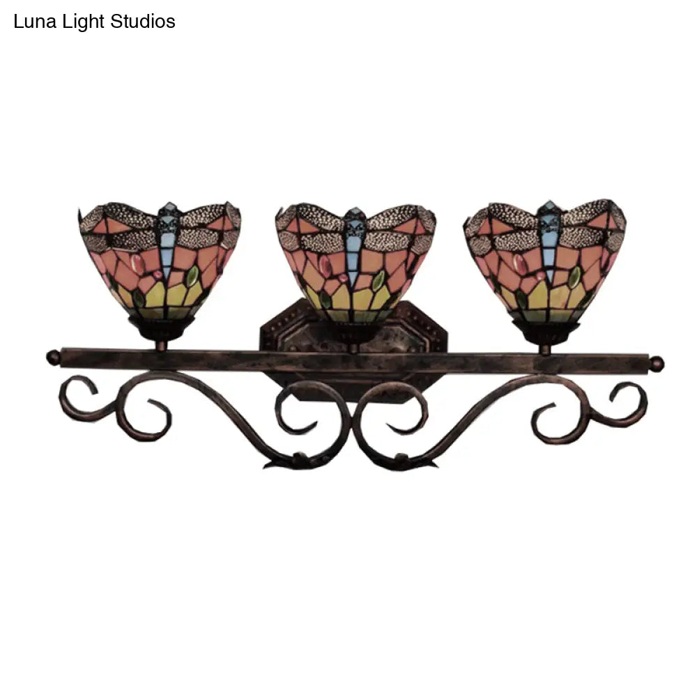 Tiffany Vintage Dragonfly Wall Lamp With 3 Orange Stained Glass Lights For Restaurants