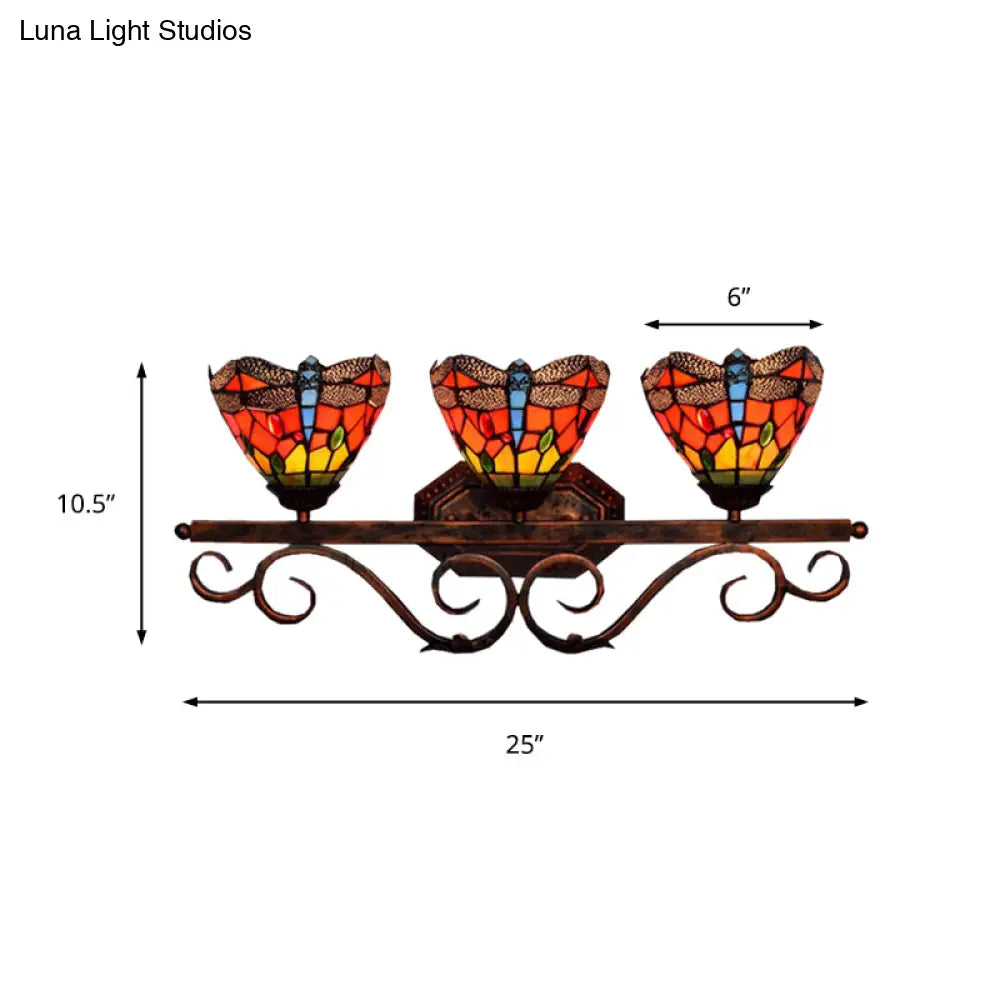 Tiffany Vintage Dragonfly Wall Lamp With 3 Orange Stained Glass Lights For Restaurants
