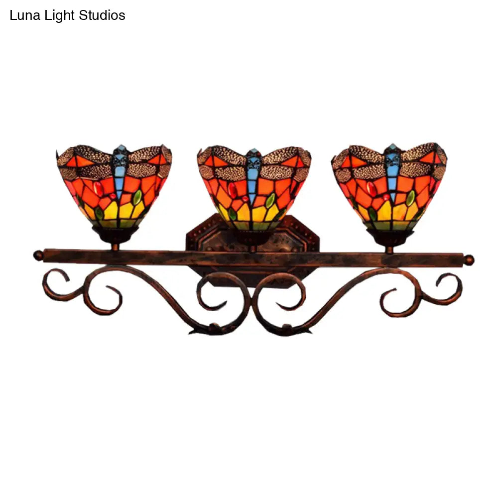 Tiffany Vintage Dragonfly Wall Lamp With 3 Orange Stained Glass Lights For Restaurants