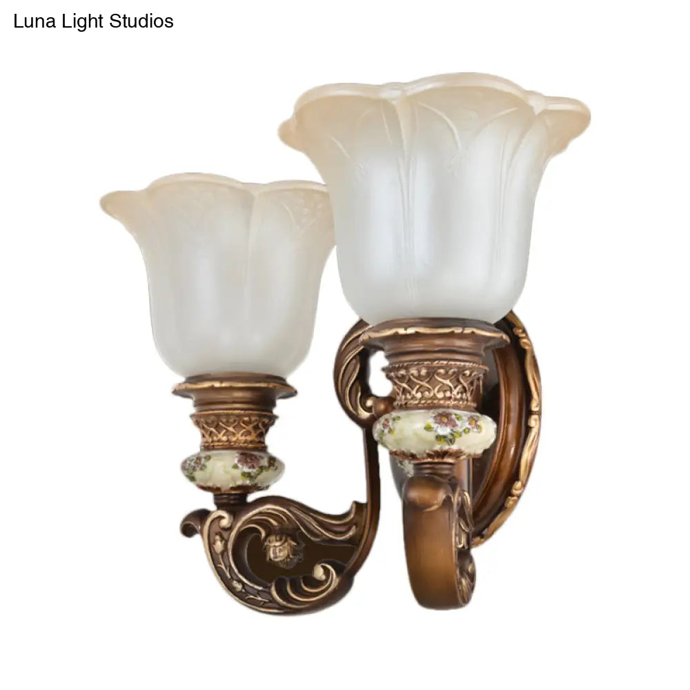 Traditional 1/2-Light Floral Wall Sconce With Cream Glass Shade - Brown Bedroom Lamp