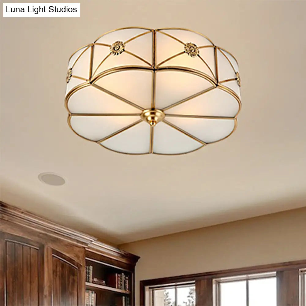 Traditional 1-Tiered White Glass & Gold Flush Mount Chandelier - 3/4/6 Bulbs (14’/18’/23.5’ Width)