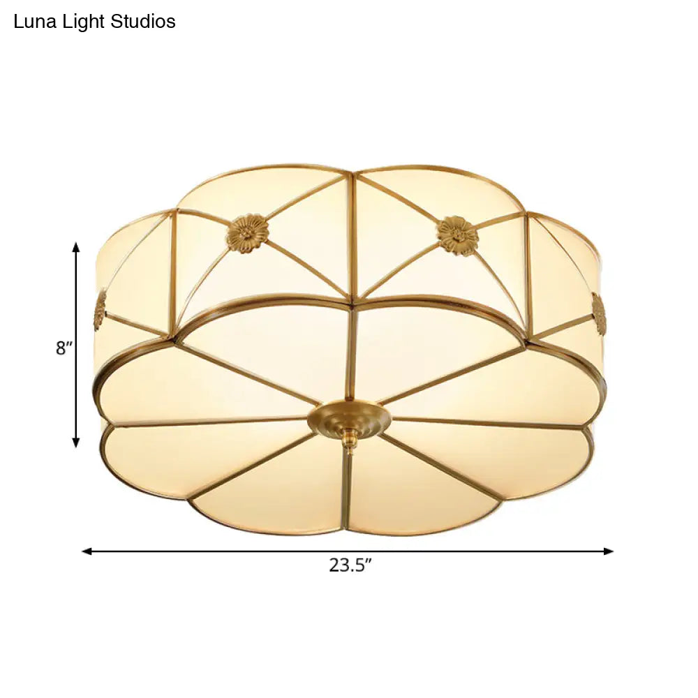 Traditional 1-Tiered White Glass & Gold Flush Mount Chandelier - 3/4/6 Bulbs (14’/18’/23.5’ Width)