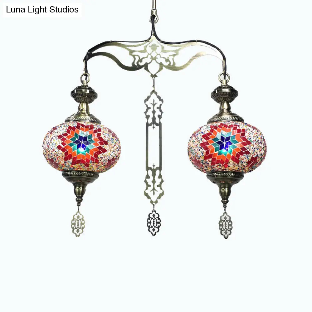 Traditional 2-Head Red/Blue Glass Chandelier Pendant Light For Hallway - Global
