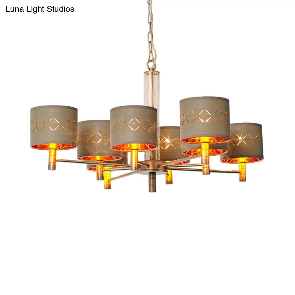 Traditional Bedroom Pendant Light With Drum Fabric Shade - 6/8 Bulbs Ceiling Lamp In Brown