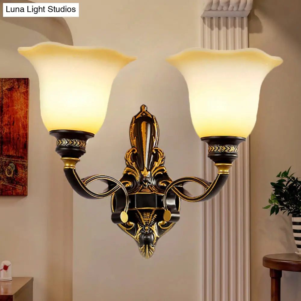Traditional Black Blossom Wall Sconce With White Glass Shade Elegant Bedroom Light