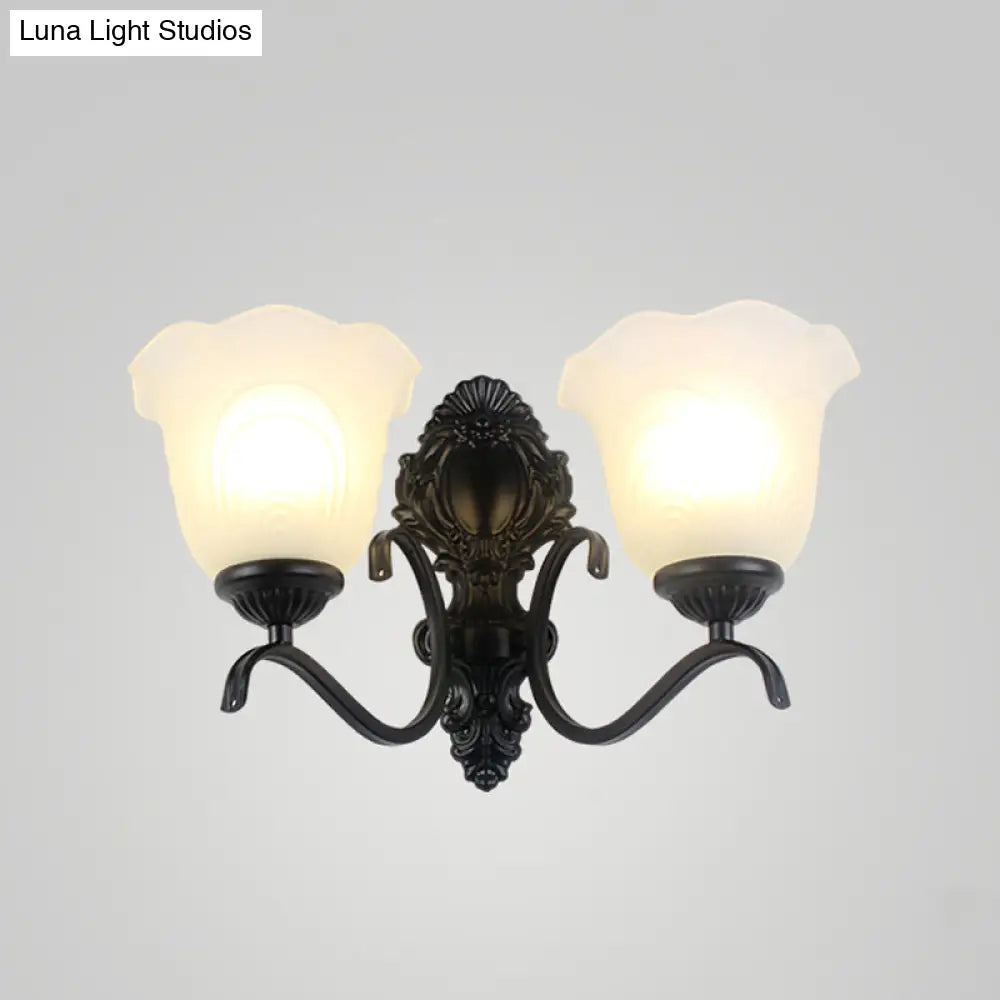 Traditional Black Wall Mount Light With Cream Glass Flared Shape Fixture For Living Room