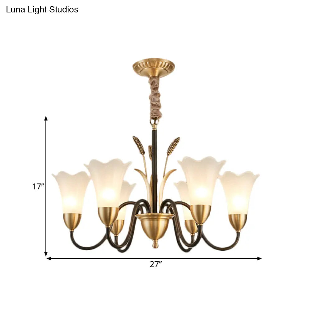 Traditional Blossom Chandelier Lamp - Cream Glass Suspension Lighting Fixture With Curved Arm In