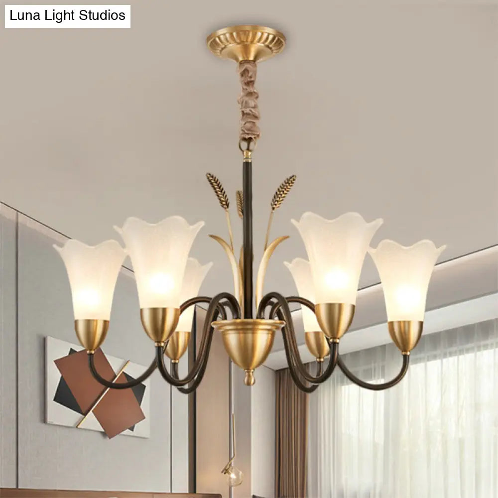 Traditional Blossom Chandelier Lamp - Cream Glass Suspension Lighting Fixture With Curved Arm In