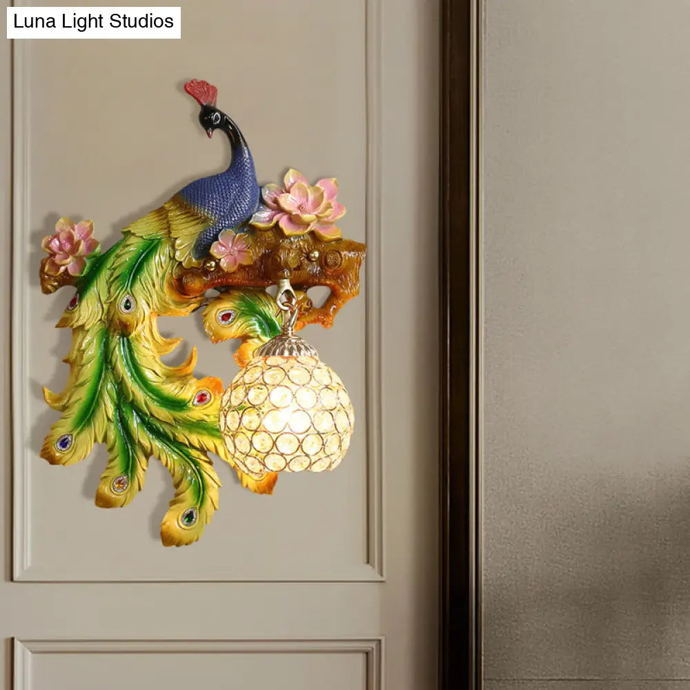 Traditional Blue-Green Bedroom Sconce With Peacock And Flower Design Single Head Wall Lighting