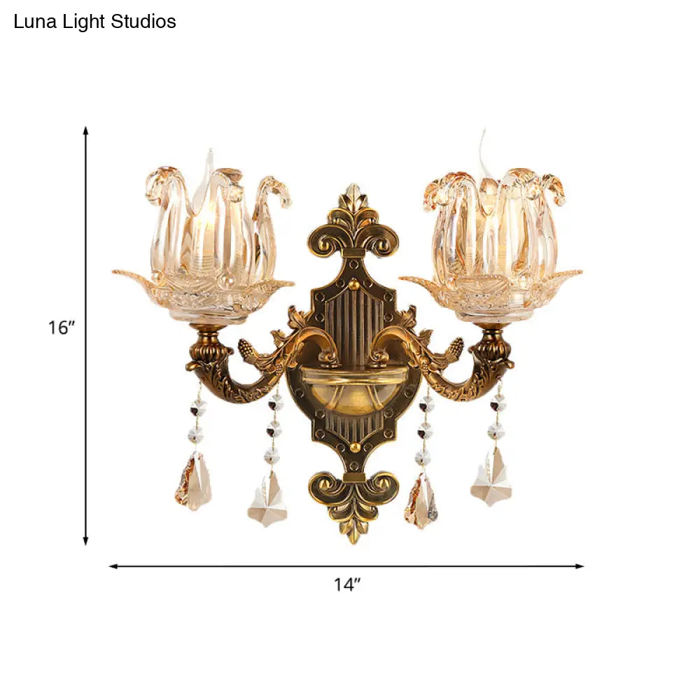 Traditional Brass Crystal Flower Wall Sconce For Hallway Half-Light And Antiqued Finish