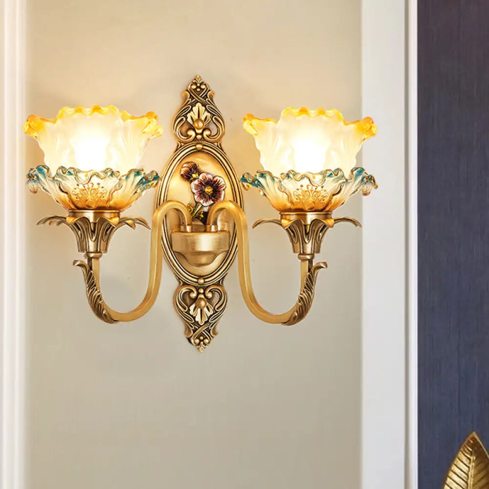 Traditional Brass Frosted Glass Wall Mount Lighting Fixture With Ruffle Detail 2 /