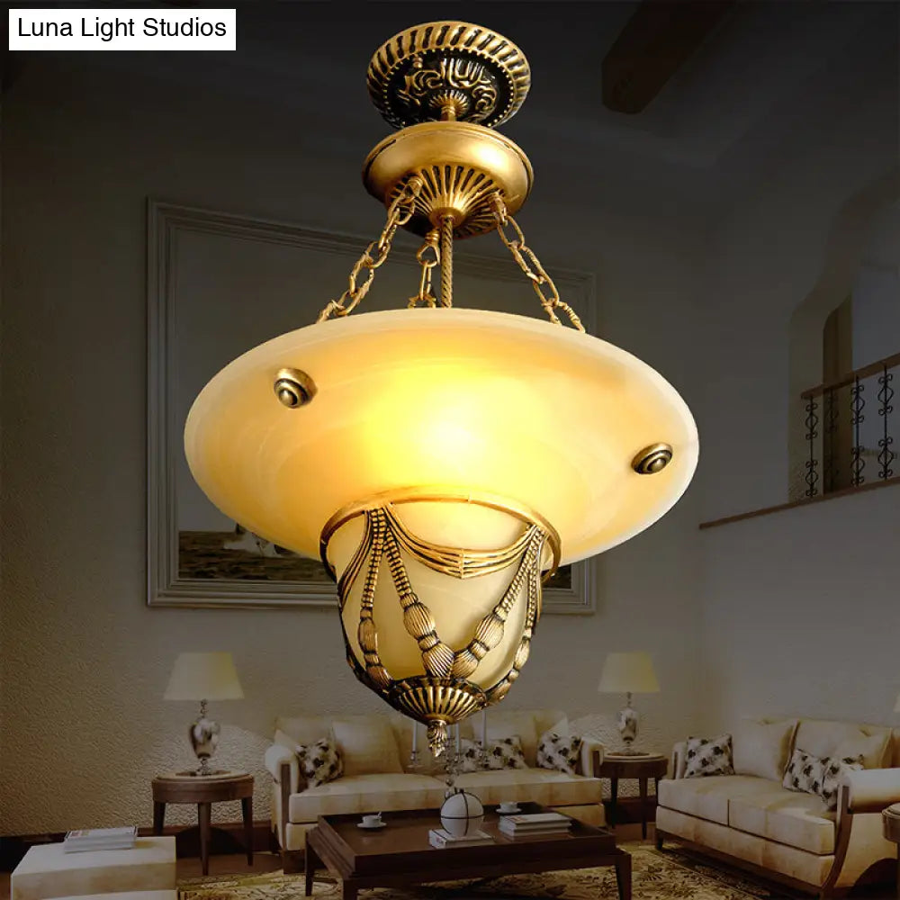 Traditional Brass Inverted Hat Shaped Chandelier - 3-Light White Glass Living Room Drop Lamp