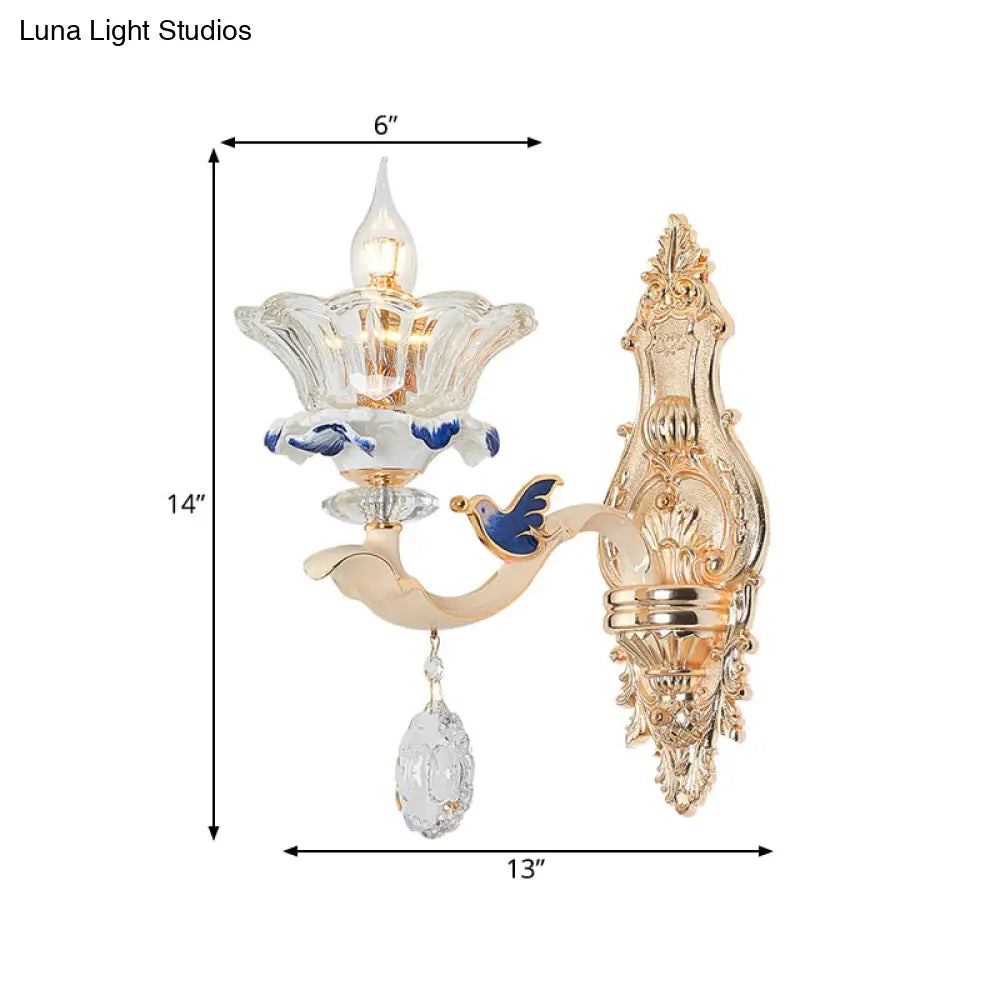 Traditional Brass Wall Sconce Light With Crystal Flower Shade - Perfect For Living Room