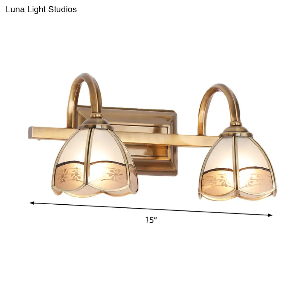 Traditional Brass Wall Sconce With Frosted Glass Dome Shade - 2/3 Bulb Vanity Light Fixture
