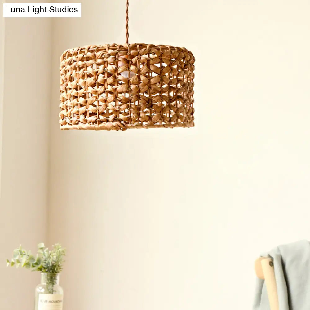 Traditional Brown Rattan Drum Pendant Light | Single Bulb Hanging Lamp for Dining Room Brown