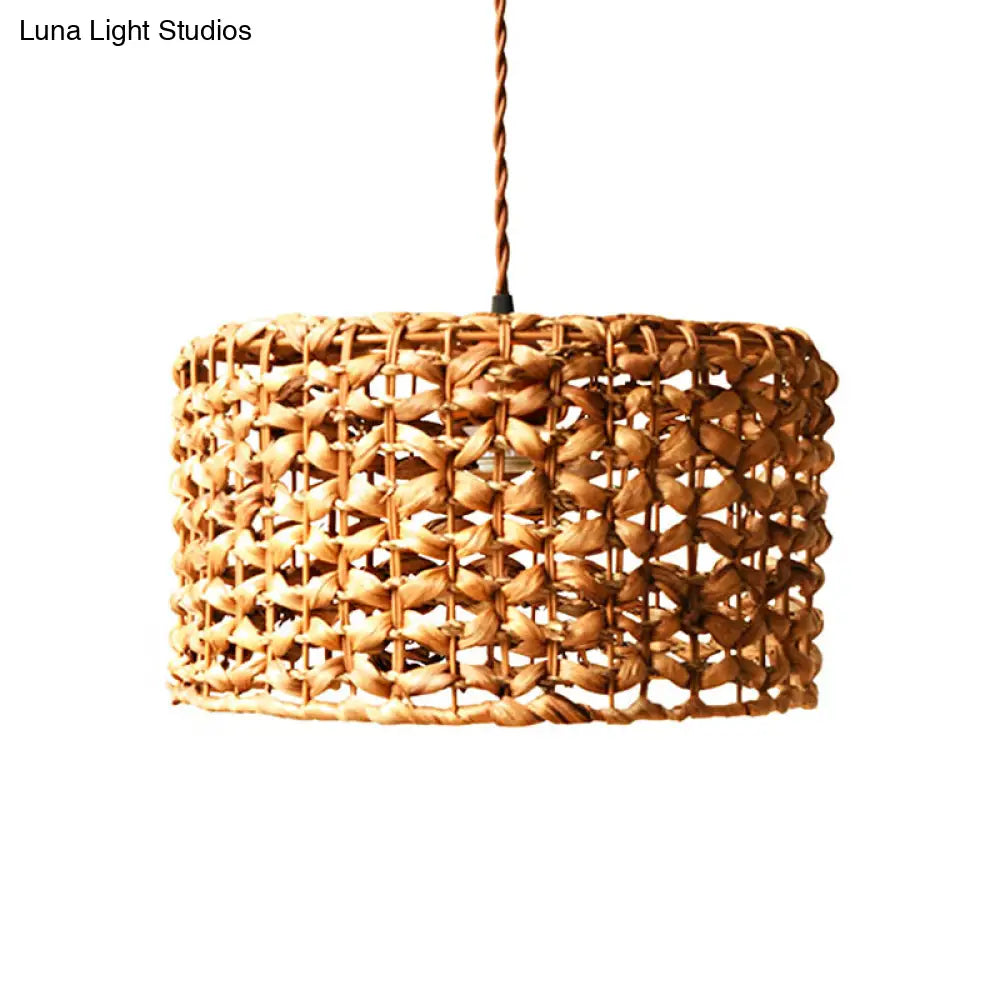 Traditional Brown Rattan Drum Pendant Light | Single Bulb Hanging Lamp for Dining Room Brown