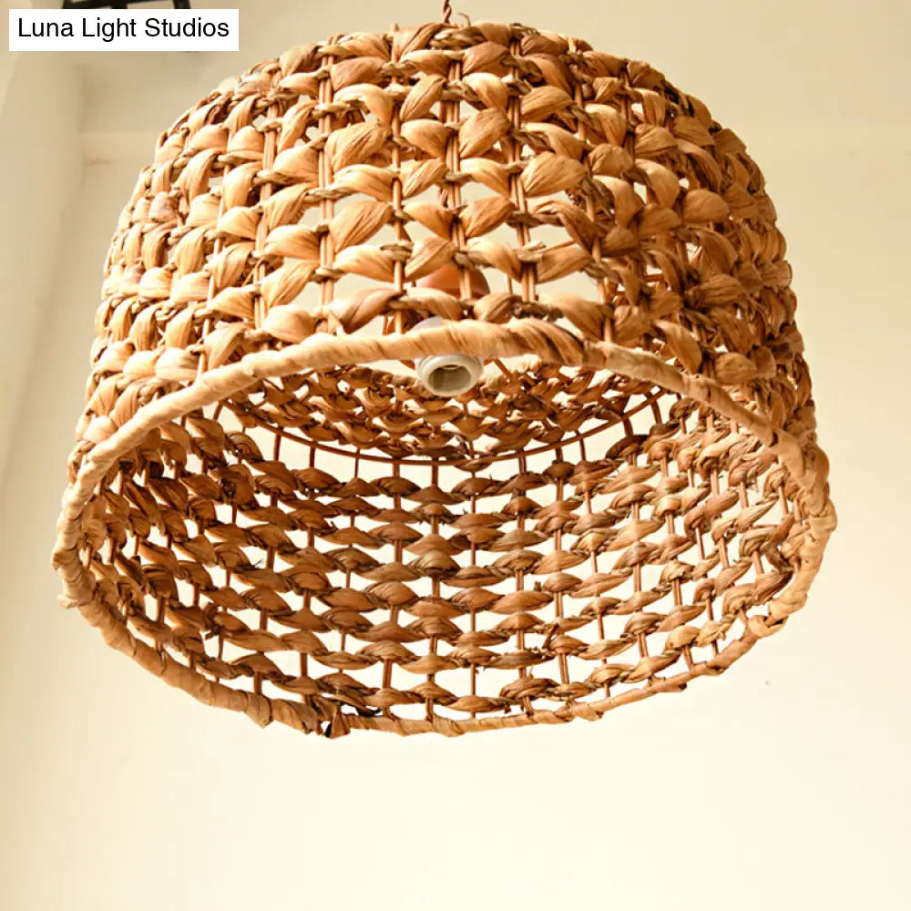 Traditional Brown Rattan Drum Pendant Light | Single Bulb Hanging Lamp for Dining Room Brown