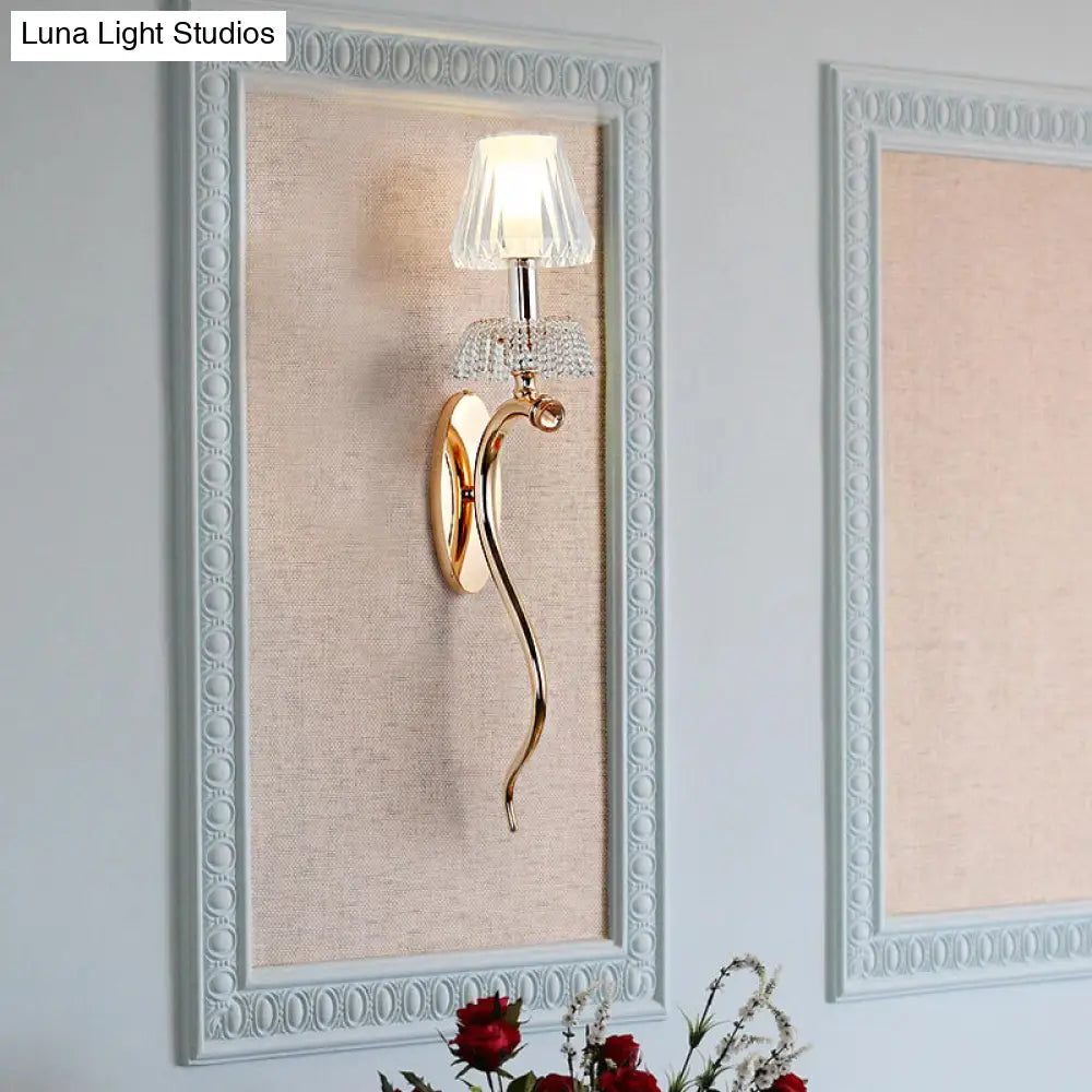 Traditional Clear Crystal Bedroom Wall Sconce Light - Gold Lamp With Curvy Metal Arm